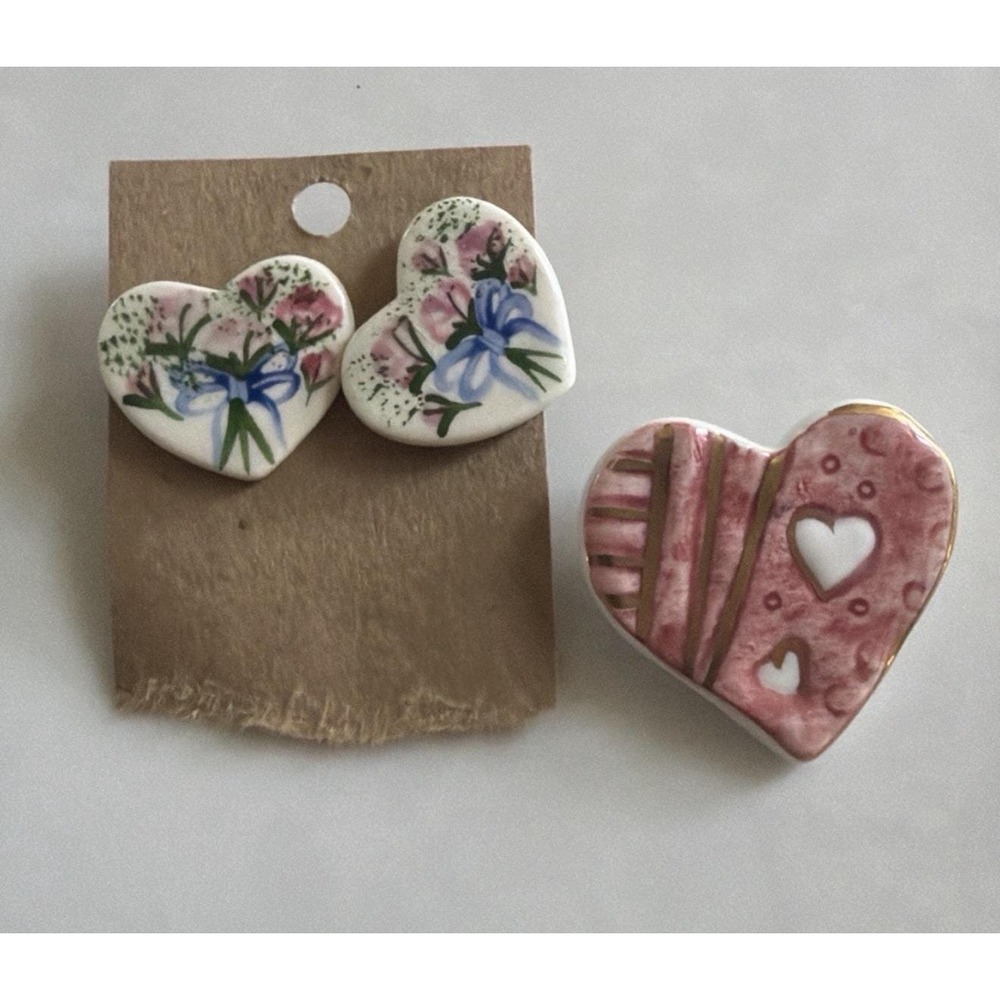 VTG Porcelain Heart Jewelry Lot Floral Heart Stud Earrings & Pink Heart Brooch